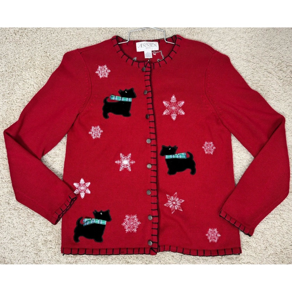 VTG Casual Corner Women's Red Embroidered Scottie Dog‎ Christmas Cardigan Size S